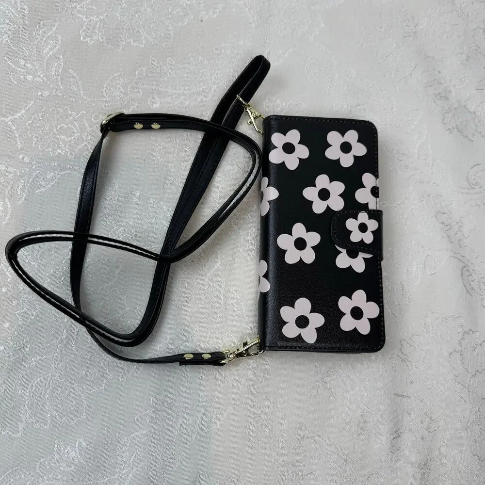 Samsung Galaxy Phone S25 Ultra Wallet Case Black Pink Flowers w/ Wrist Strap